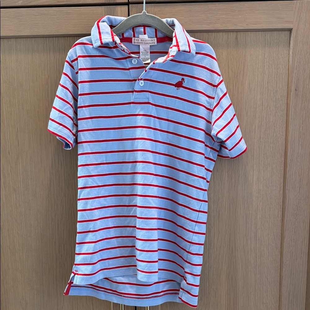 The Beaufort Bonnet Company Blue Polo with Red Stripes and Embroidered Logo